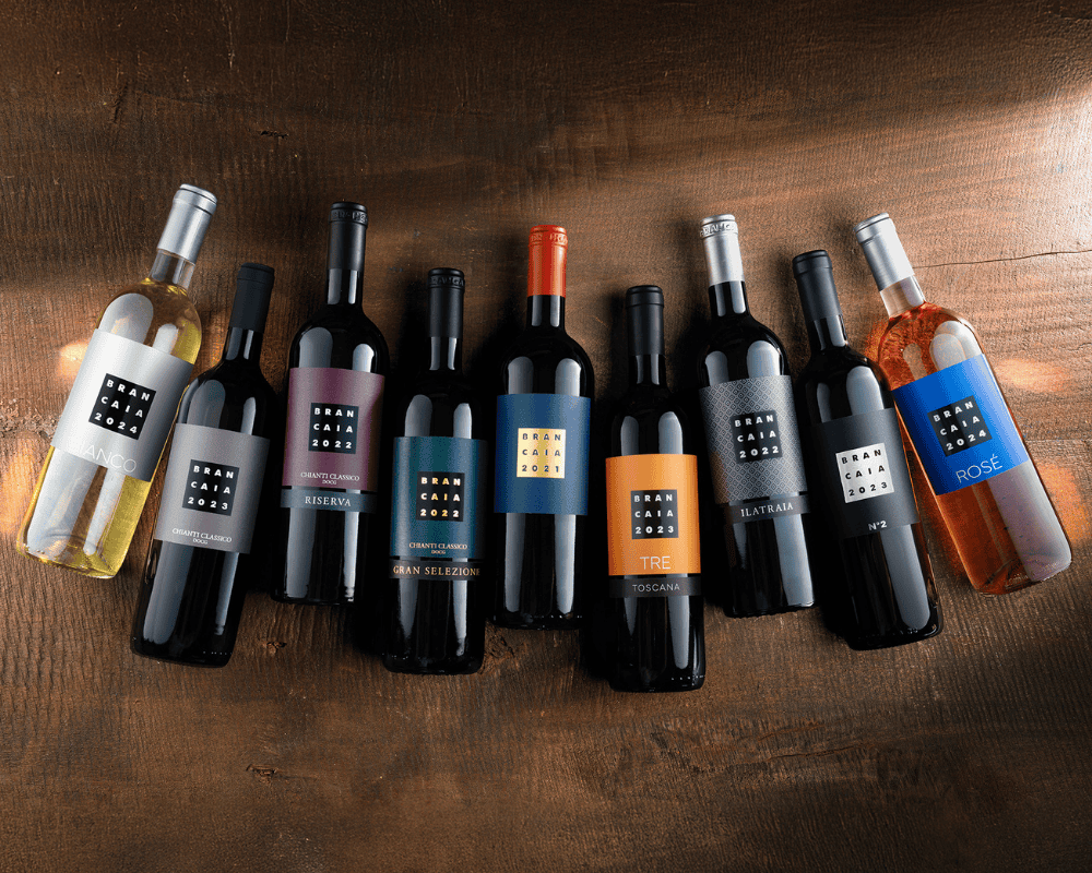 Portfolio Brancaia 2025 Eine Auswahl von neun Brancaia-Weinflaschen, die auf einem Holztisch angeordnet sind. Die Etiketten zeigen verschiedene Jahrgänge und Sorten, darunter ein Weißwein, ein Rosé und mehrere Rotweine wie Chianti Classico, Riserva und Gran Selezione. Die Etiketten haben unterschiedliche Farben, wie Schwarz, Blau, Rot und Orange, mit dem gut sichtbaren quadratischen "Brancaia"-Logo in der Mitte.
